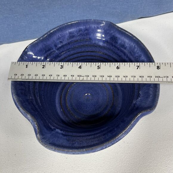 Signed Handmade Pottery Bowl Vase Cobalt Blue Clay bottom Drip Art Studio 8" - Picture 3 of 8
